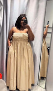 Ruched maxi dress with adjustable straps, nude beige color, gathered bodice