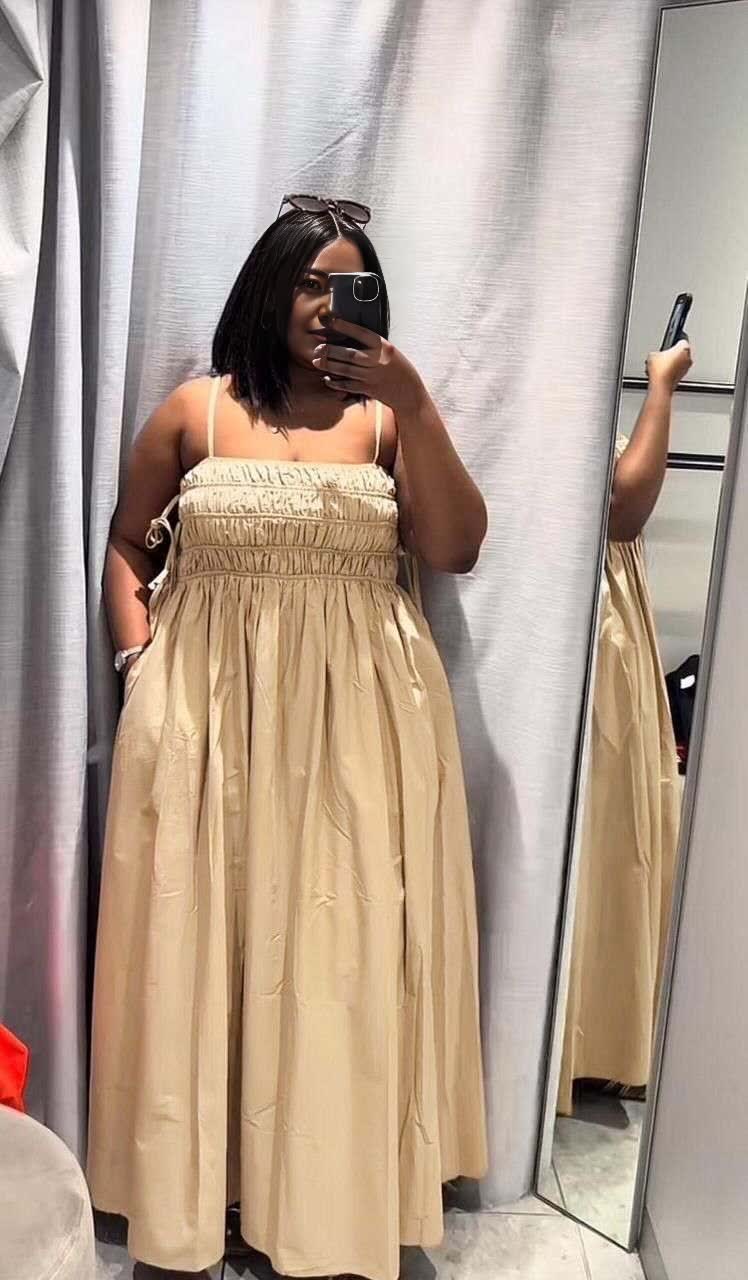 Ruched maxi dress with adjustable straps, nude beige color, gathered bodice