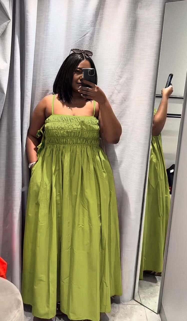 Ruched maxi dress with adjustable straps, lime green shade, gathered bodice