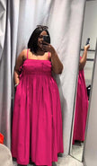 Ruched maxi dress with adjustable straps, bright pink shade, gathered bodice