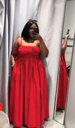 Ruched maxi dress with adjustable straps, red color, gathered bodice