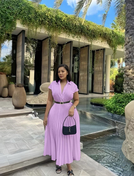 Light-purple pleated midi dress with belted waist, V-neck and short sleeves.