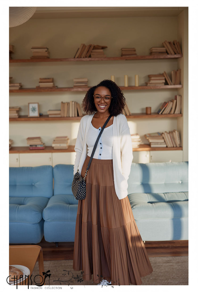 Maxi Skirt Tiered Pleated Flared Hem Casual Daily Gathering Outfit