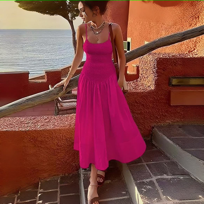 Deep-pink smocked bodice sleeveless dress with flared midi skirt
