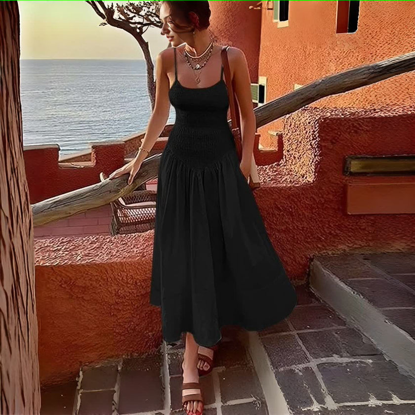 Black smocked bodice sleeveless dress with gathered flared skirt