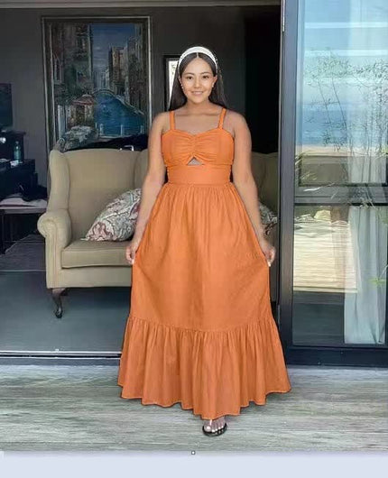 Orange sleeveless maxi dress with square neckline and ruffle hem tiered skirt