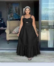 Black sleeveless maxi dress with square neckline and ruffle hem tiered skirt