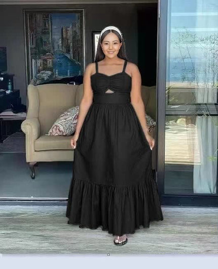 Black sleeveless maxi dress with square neckline and ruffle hem tiered skirt
