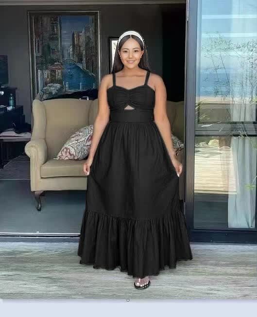 Black sleeveless maxi dress with square neckline and ruffle hem tiered skirt