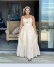 White sleeveless maxi dress with square neckline and ruffle hem tiered skirt