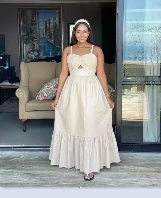 White sleeveless maxi dress with square neckline and ruffle hem tiered skirt