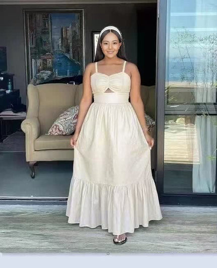 White sleeveless maxi dress with square neckline and ruffle hem tiered skirt
