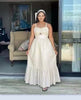 White sleeveless maxi dress with square neckline and ruffle hem tiered skirt