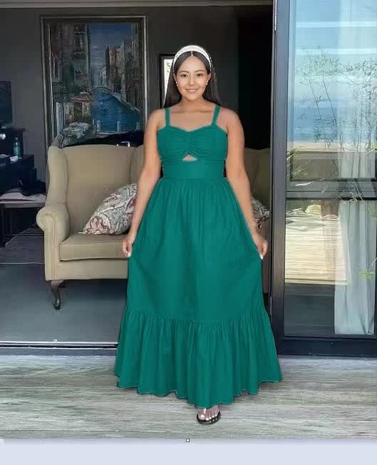 Dark teal sleeveless maxi dress with square neckline and ruffle hem tiered skirt