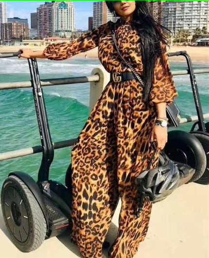 Leopard print long-sleeve jumpsuit with belted waist and wide legs