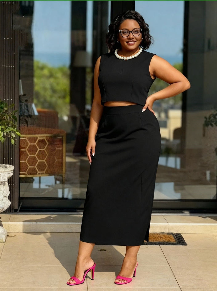 Black pearl-neck sleeveless top and midi skirt set with beaded neckline