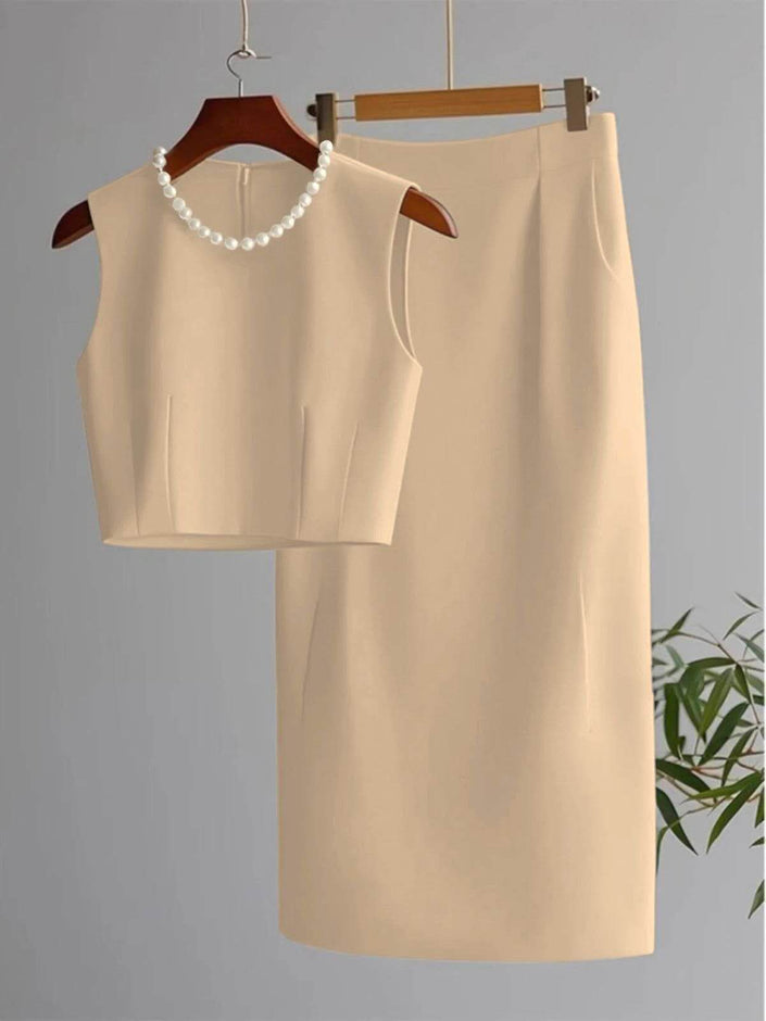 Beige pearl-neck sleeveless top and midi skirt set