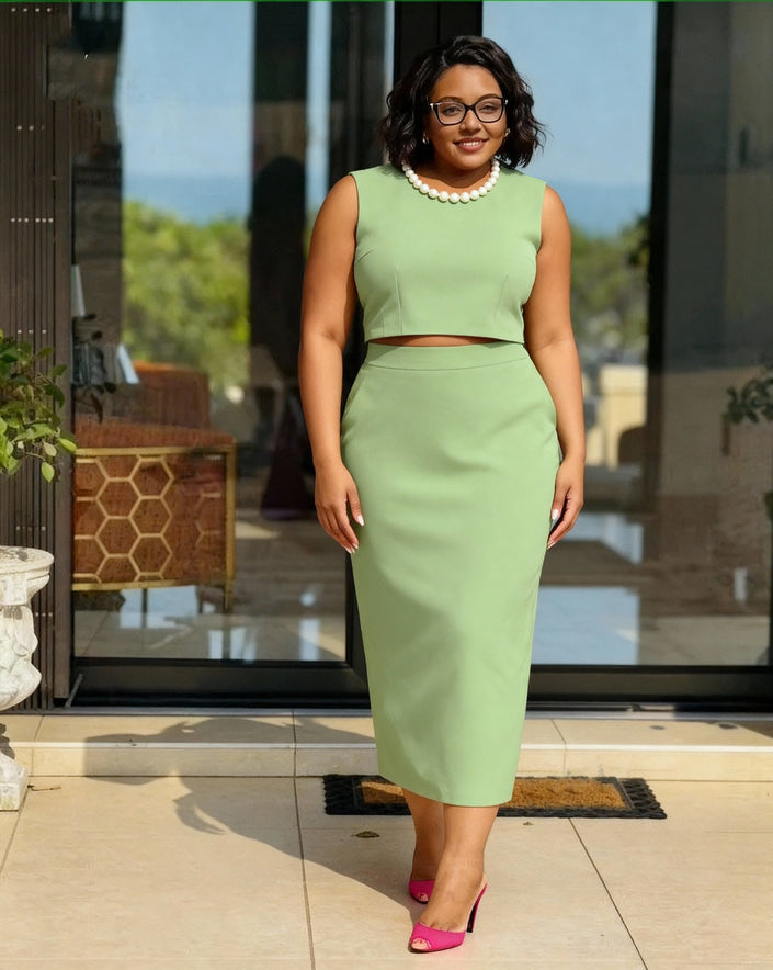 Mint-green pearl-neck sleeveless top and midi skirt set