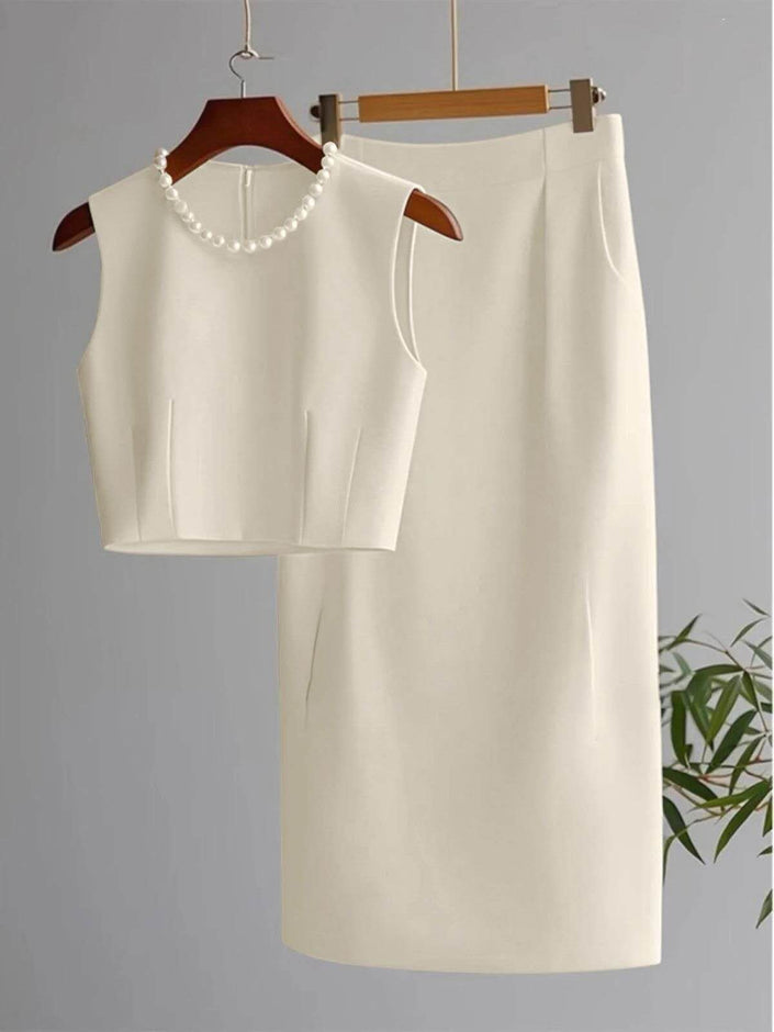 Cream pearl-neck sleeveless top and midi skirt set
