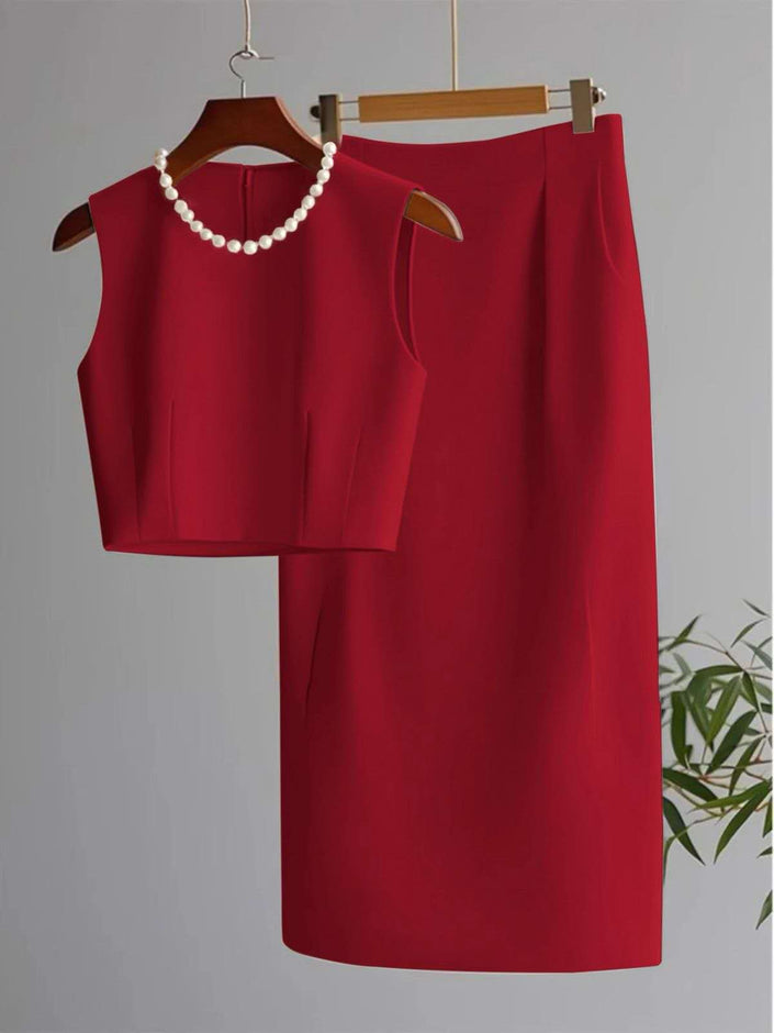 Red pearl-neck sleeveless top and midi skirt set