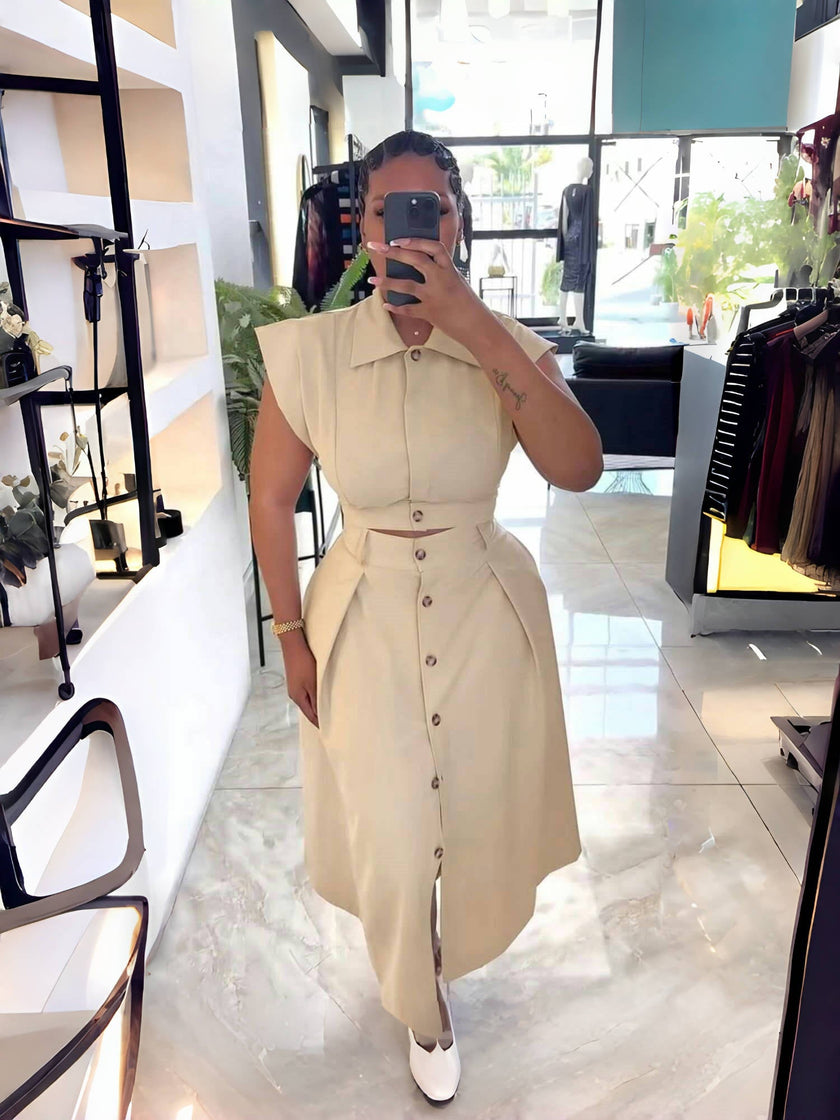 Beige midi shirt dress with button front, belted waist, asymmetric hem
