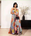 Patchwork maxi dress, sleeveless, multicolor print with gathered waist and tiered skirt