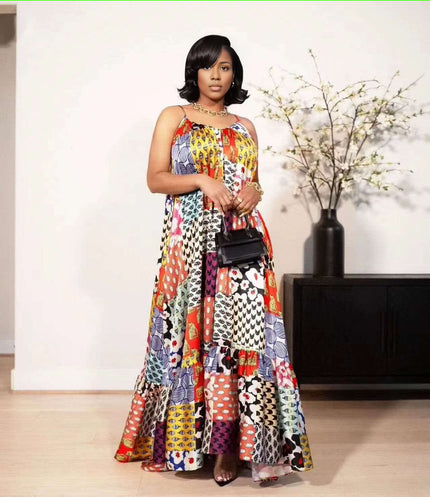 Patchwork maxi dress, sleeveless, multicolor print with gathered waist and tiered skirt