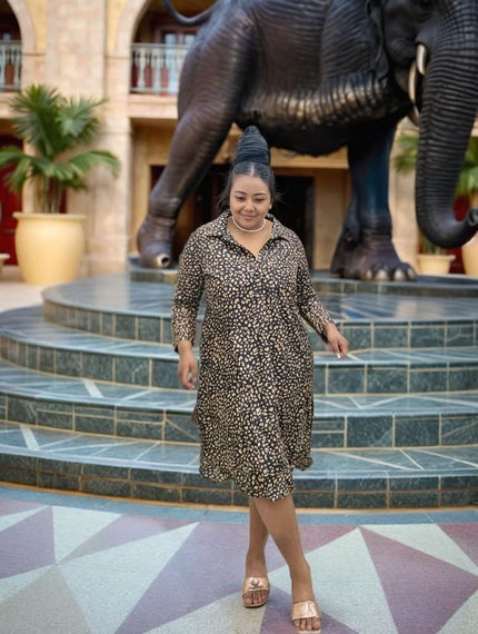 Leopard print shirt dress, long sleeves, button-front, collared, knee-length