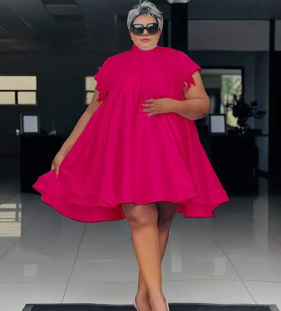 A-line loose fit dress with fringe cap sleeves, deep-pink