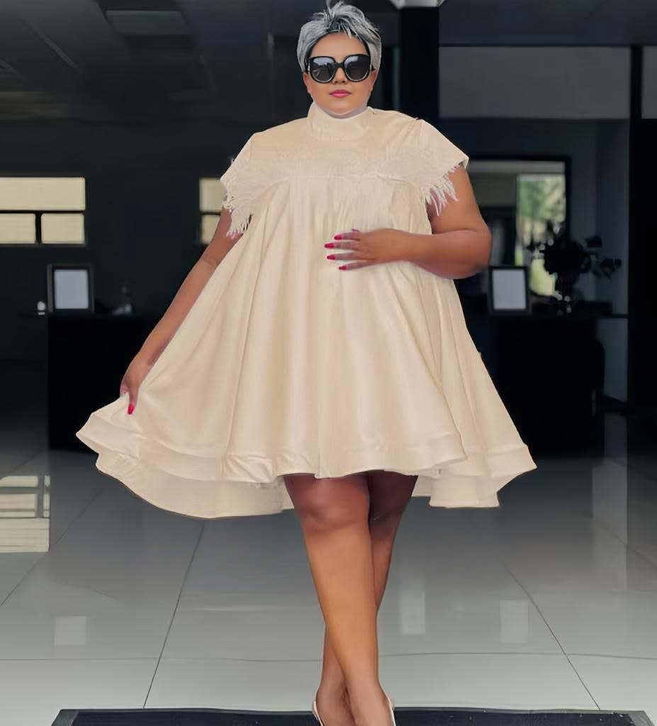 A-line loose fit dress with fringe cap sleeves, nude