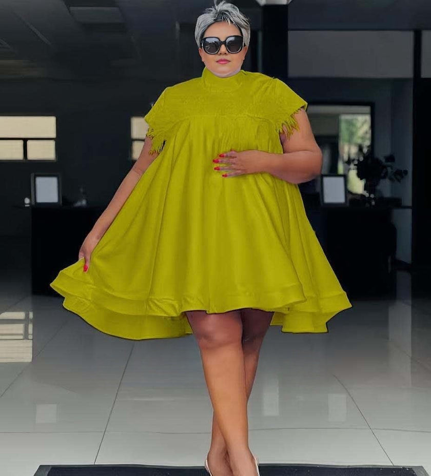 A-line loose fit dress with fringe cap sleeves, green-yellow
