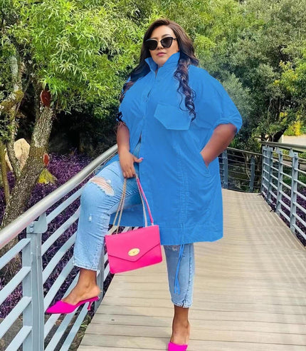 Plus size shirt dress, cuffed sleeves, button-front, blue tunic with chest pocket