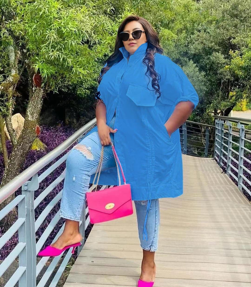 Plus size shirt dress, cuffed sleeves, button-front, blue tunic with chest pocket
