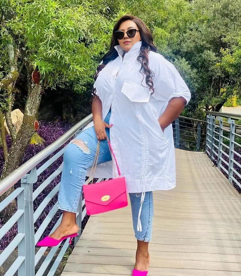 Plus size shirt dress, cuffed sleeves, button-front, white tunic with chest pocket