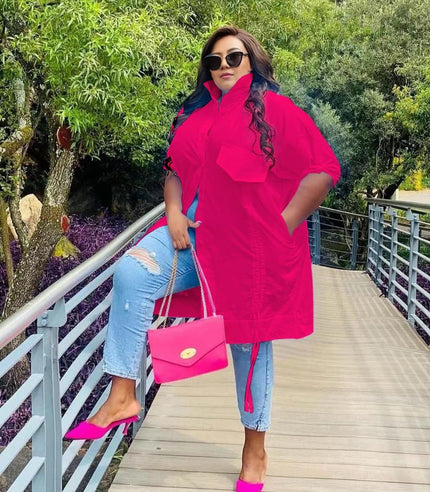 Plus size shirt dress, cuffed sleeves, button-front, deep-pink tunic with chest pocket