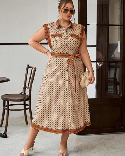 Belted midi shirt dress with geometric print, sleeveless collar, brown and cream