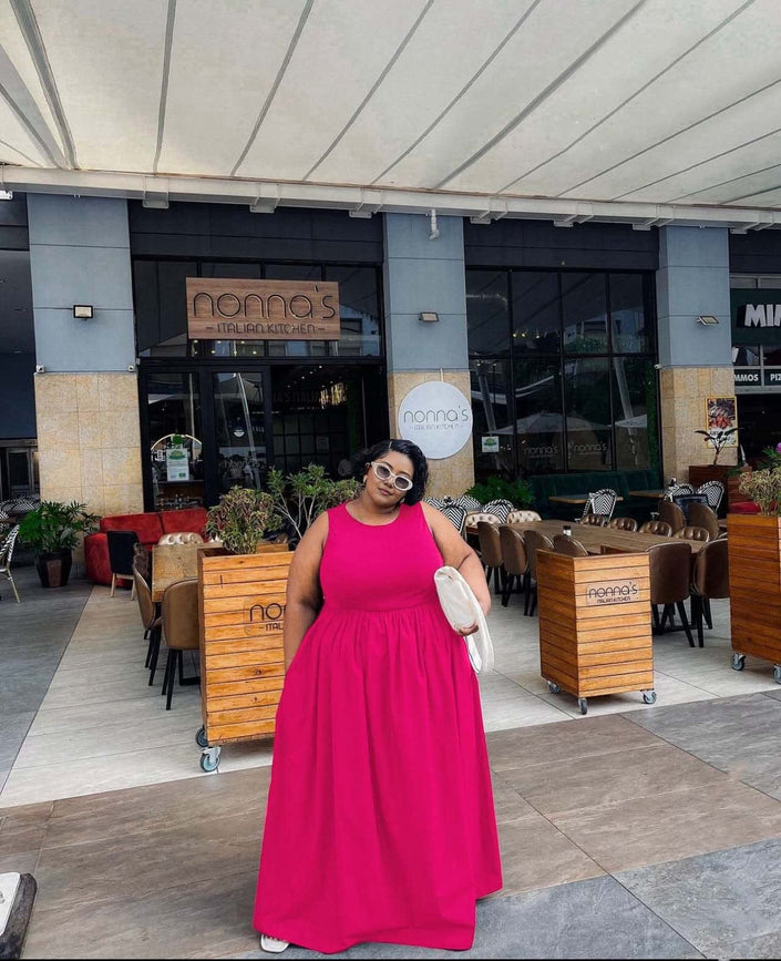 Sleeveless maxi dress with gathered waist, deep pink