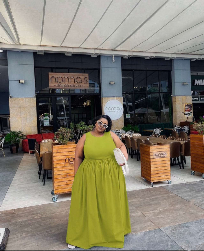 Sleeveless maxi dress with gathered waist, olive green