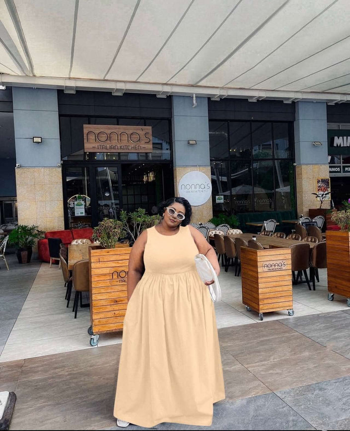 Sleeveless maxi dress with gathered waist, nude beige