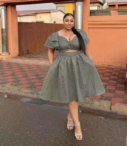 Geometric Pattern Puff Sleeve High-Waist Two-Piece Dress