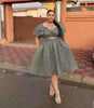 Geometric Pattern Puff Sleeve High-Waist Two-Piece Dress
