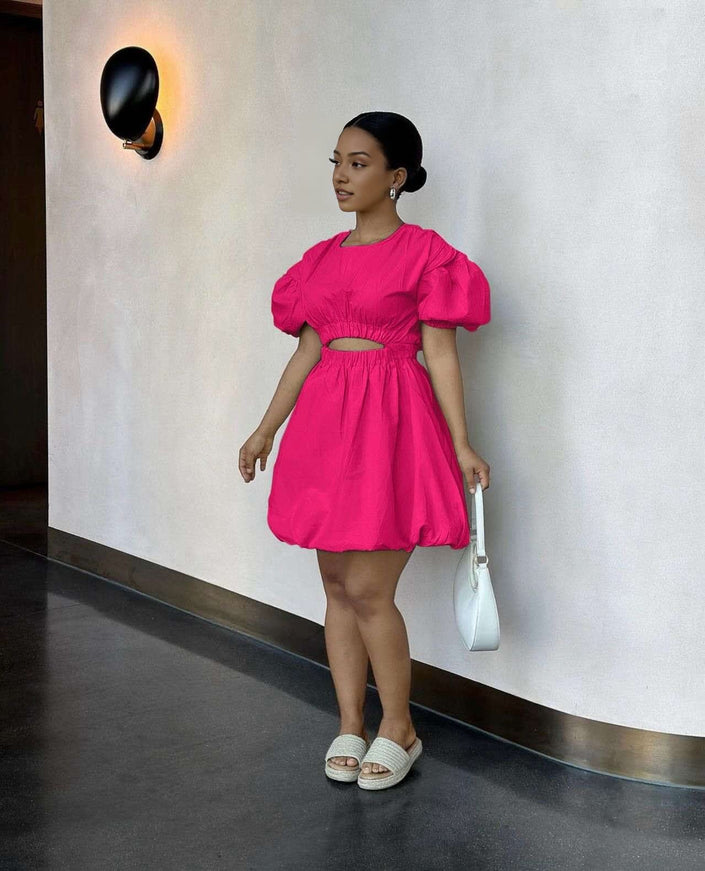 Deep-pink mini dress with puff sleeves and cut-out waist