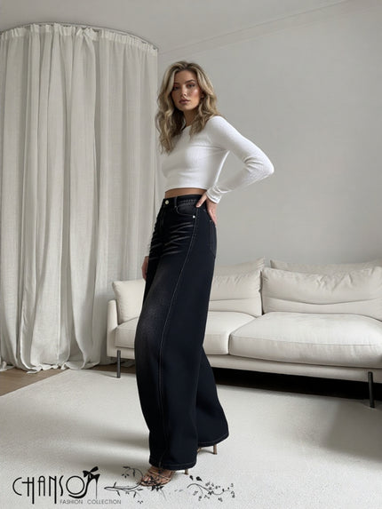 Black wide-leg high-waist jeans with button closure and front pockets