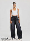 High-waist barrel-leg jeans in black wash, wide leg with front seams
