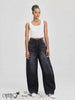 High-waist barrel-leg jeans in black wash, wide leg with front seams