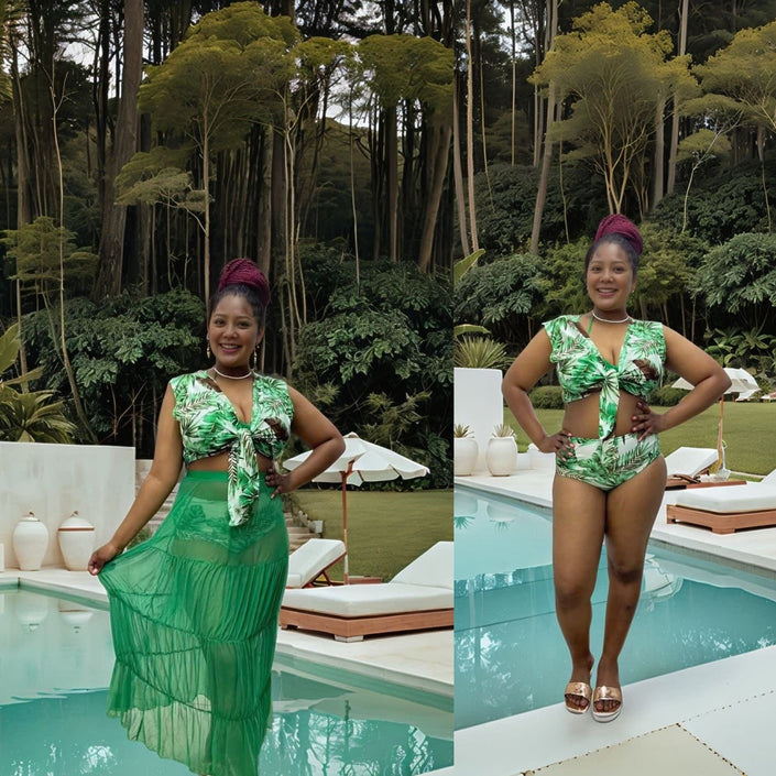 Green printed bikini set with tie-front top and long tiered cover-up dress