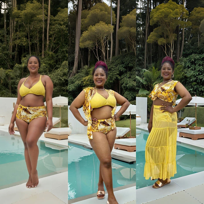 Yellow printed bikini set with tiered yellow cover-up dress