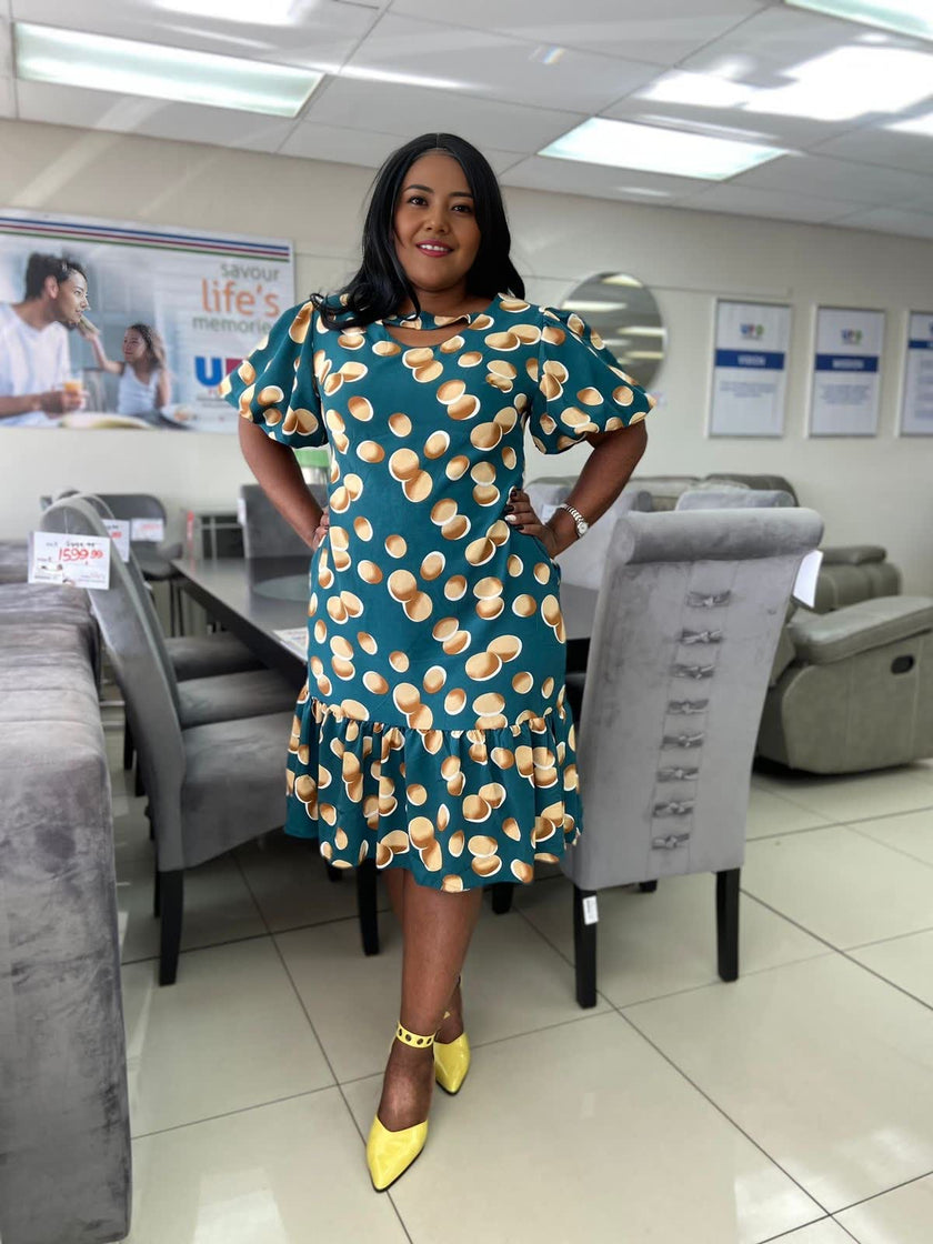 Plus-size polka-dot ruffle puff-sleeve dress, dark teal with cream spots