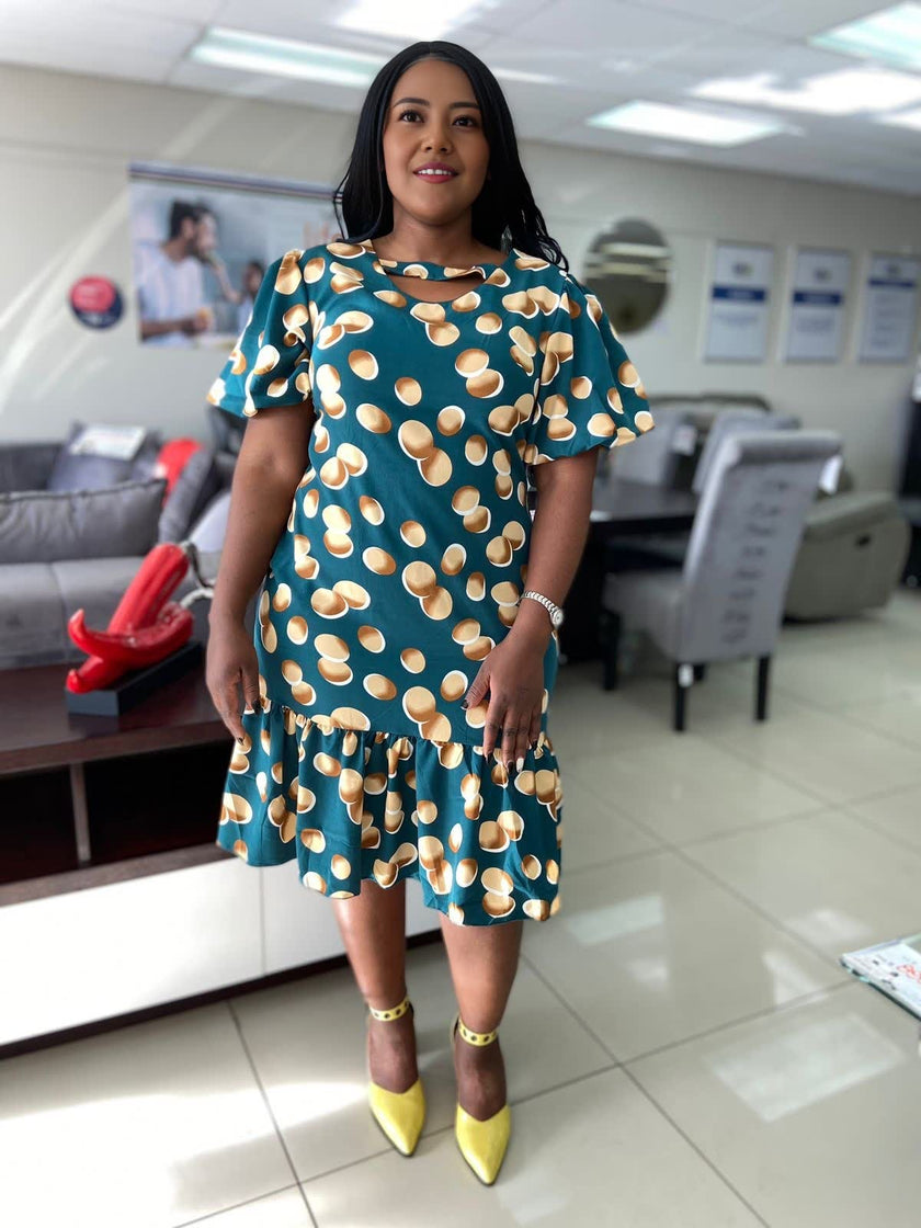 Plus-size polka-dot ruffle puff-sleeve dress, dark teal with cream spots, front view