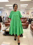 Lime-green ruffle midi dress with tiered hem, loose fit and short sleeves